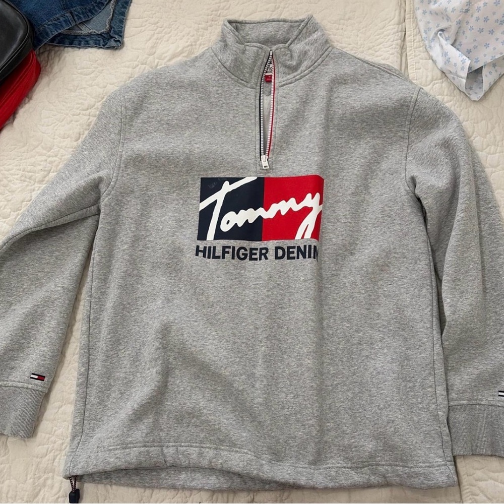 VintageTommy Hilfiger Denim Gray Quarter-Zip Pullover Sweater. Size M